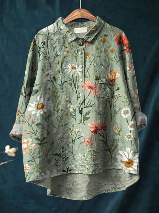 Kvinnors Retro blomsterkonst Skriv ut Casual bomull lin rund halsknapp Pocket Midi ärm skjorta topp