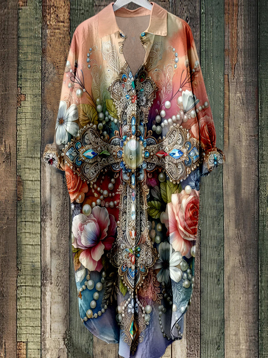 Baroco lyx Floral Tryckta Elegant Vintage Lapel Loose Lång ärm Midi skjortklänninga