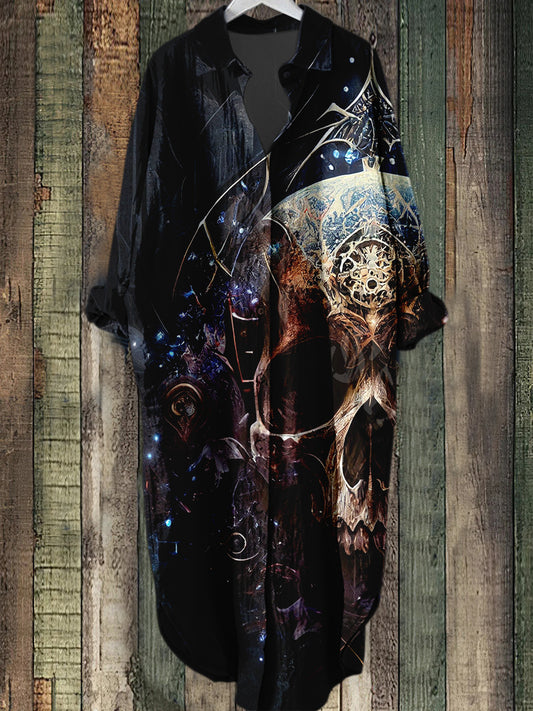 Western Luxury Skull Printed Elegant Vintage Lapel Loose Lång ärm Midi Skjort klänning