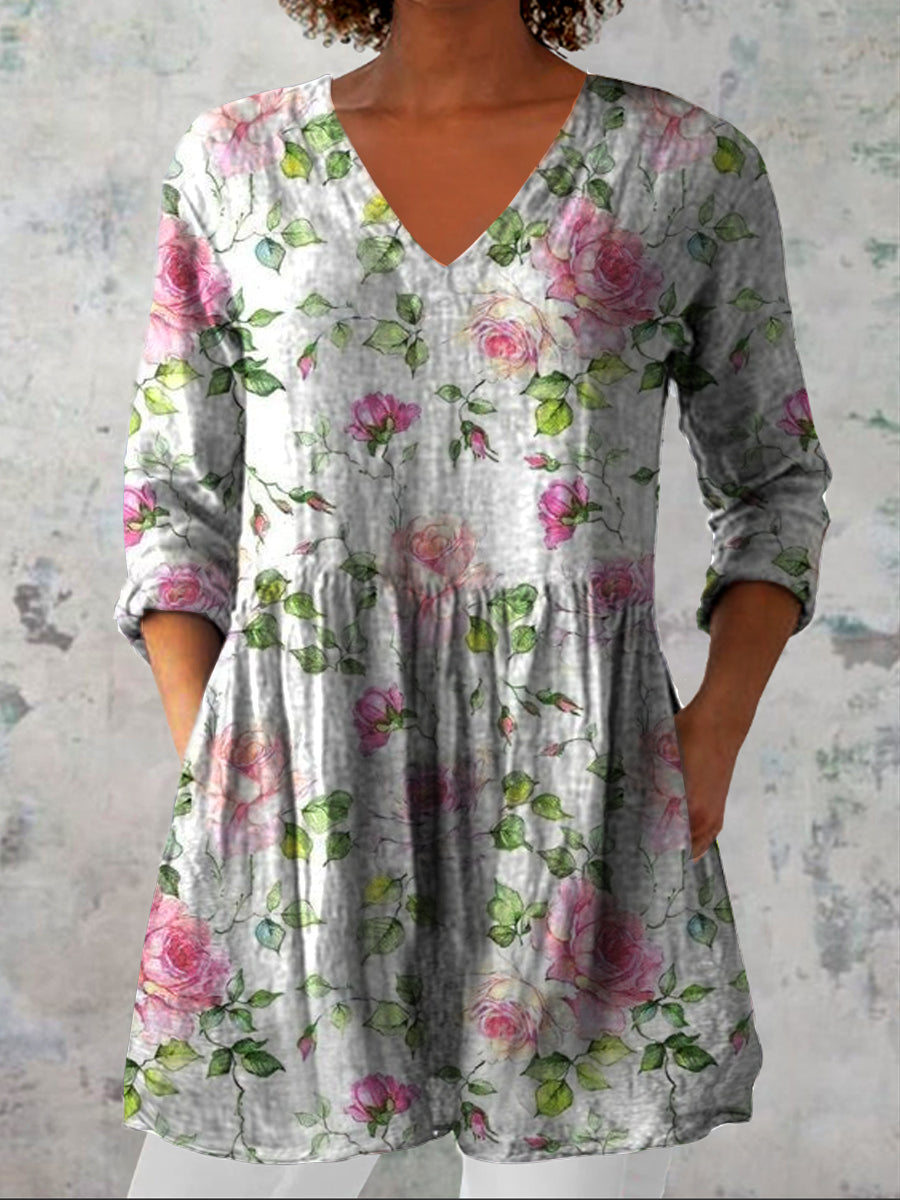 Kvinnors Vintage Floral Art Print Casual V-hals tre-kvarters ärmar Elegant bomull och lin topp