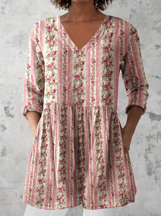 Elegant Boho Floral Print V-hals mönster bomull Loose lång ärm topp