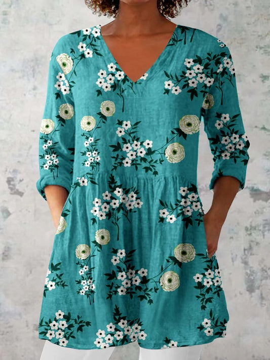 Elegant Boho Floral Print V-hals mönster bomull Loose lång ärm topp