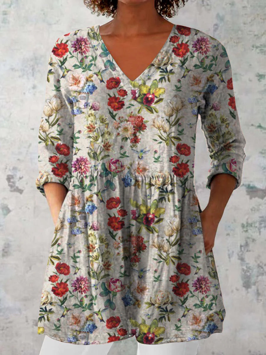 Elegant Boho Floral Print V-hals mönster bomull Loose lång ärm topp