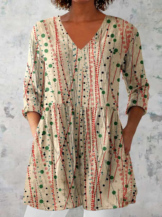 Elegant Boho Floral Print V-hals mönster bomull Loose lång ärm topp