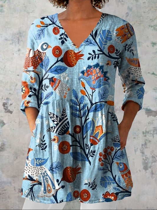 Kvinnors Vintage Floral Art Print Casual V-hals tre-kvartär ärm Elegant bomull och lin topp