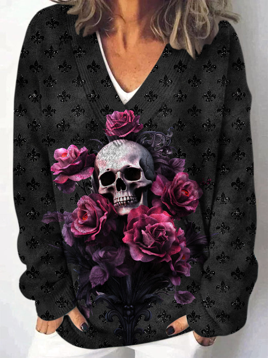 Retro Skull tryckt V-hals Casual Bekväm långärmad Sweatshirt