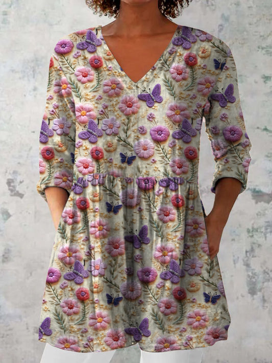 Elegant Boho Floral Print V-hals mönster bomull Loose lång ärm topp