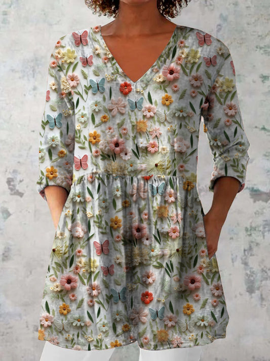 Elegant Boho Floral Print V-hals mönster bomull Loose lång ärm topp