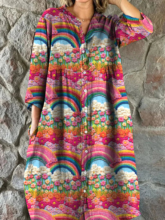 Retro Boho blomsterkonst Skriv ut Vintage Chic V-halknapp upp lång ärm Midi klänning