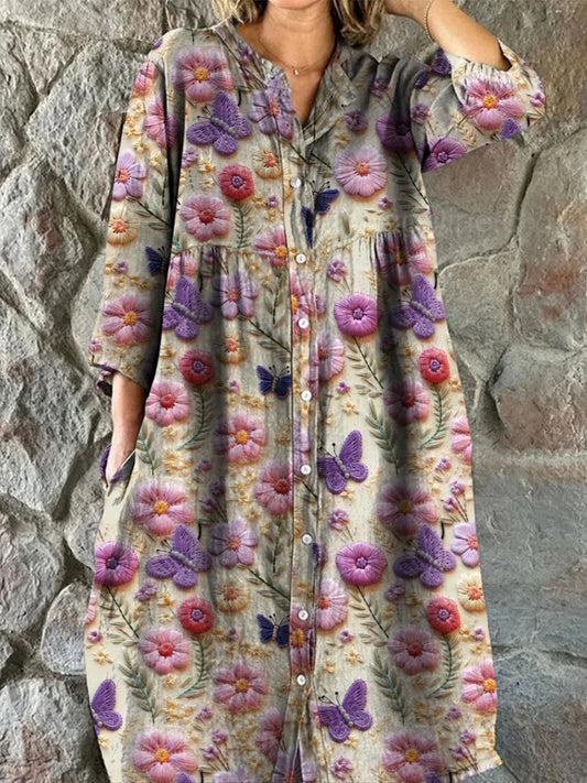 Retro Boho blomsterkonst Skriv ut Vintage Chic V-halknapp upp lång ärm Midi klänning