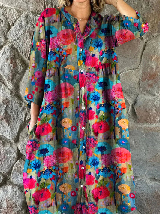 Retro Floral Art Print Vintage Chic V-Hack knapp upp lång ärm Midi klänning