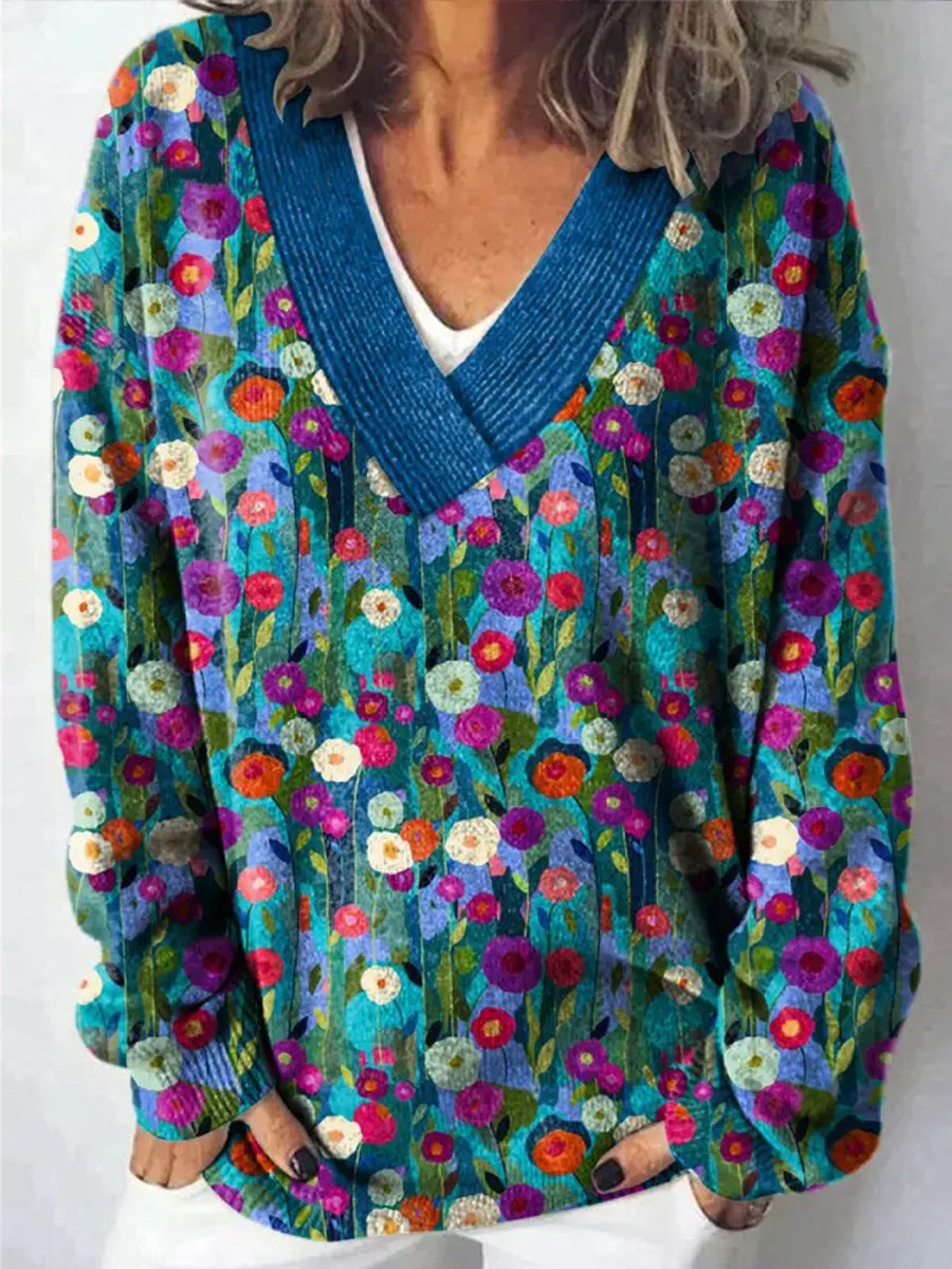 Elegant Retro Floral Tryckt V-hals Casual Bekväm långärmad Sweatshirt