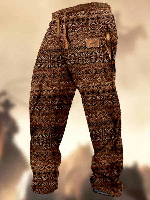 Retro Texture Pattern Print Western Village Hunting Logo Striped Casual Sweatpants