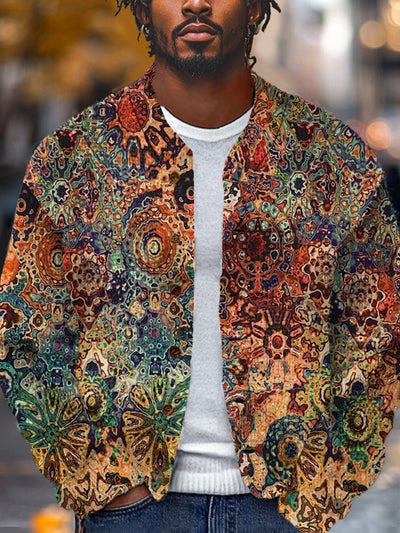 Men's Retro Colorful Gradient Art Print Button Stand Collar Cardigan Long Sleeve Sweater Jacket