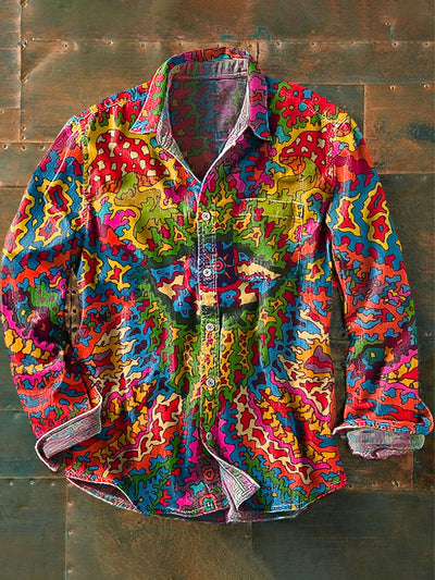 Men's Vintage Hippie Rainbow Color Eyes Abstract Art Print Lapel Long Sleeve Pocket Shirt