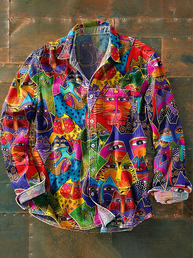 Men's Vintage Colorful Abstract Cat Art Print Lapel Long Sleeve Pocket Shirt