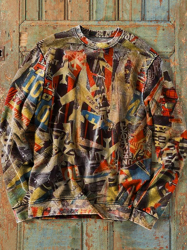 Men's Vintage Airplane Newspaper Patchwork Art Print Crew Neck Sweatshirt