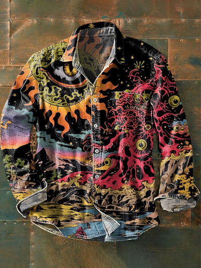 Men's Vintage Psychedelic Sun Eyeball Art Print Lapel Long Sleeve Pocket Shirt