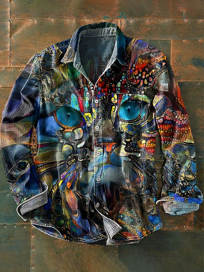 Men's Vintage Abstract Cat Jewelry Watercolor Art Print Lapel Long Sleeve Pocket Shirt