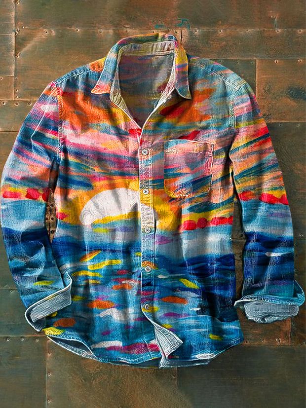 Men's Vintage Abstract Colorful Sunset Watercolor Art Print Lapel Long Sleeve Pocket Shirt