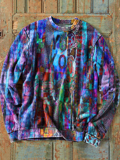 Men's Vintage Colorful Newspaper Letter Patchwork Art Print Crew Neck Sweatshirt