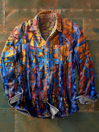 Men's Vintage Abstract Woods Colorful Oil Painting Art Printed Lapel Long Sleeve Pocket Shirt