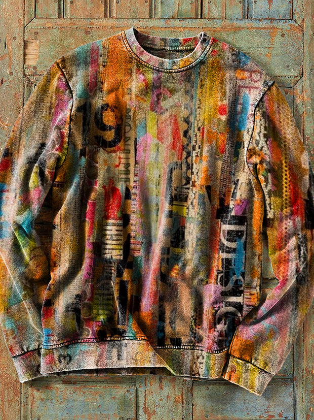 Men's Retro Colorful Graffiti Letter Abstract Art Print Cotton Crew Neck Sweatshirt