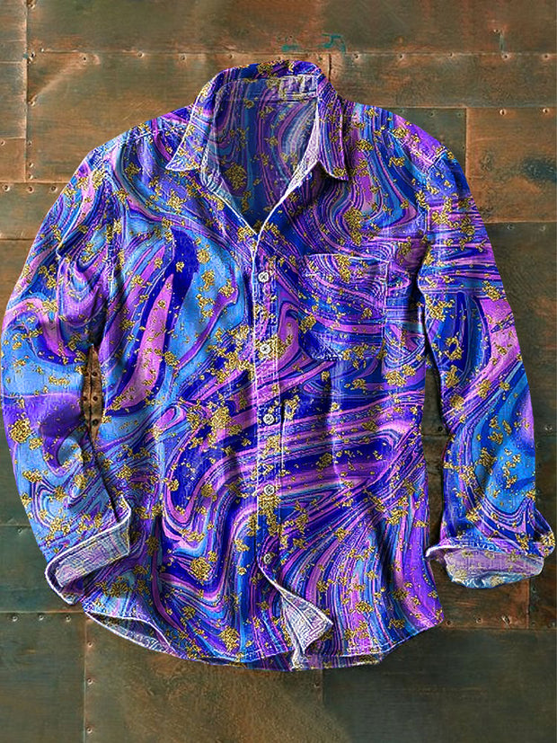 Men's Vintage Colorful Gilt Textured Art Print Lapel Long Sleeve Pocket Shirt