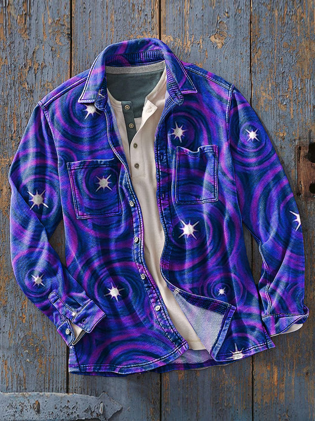 Men's Vintage Abstract Star Art Print Soft Lapel Pocket Shirt