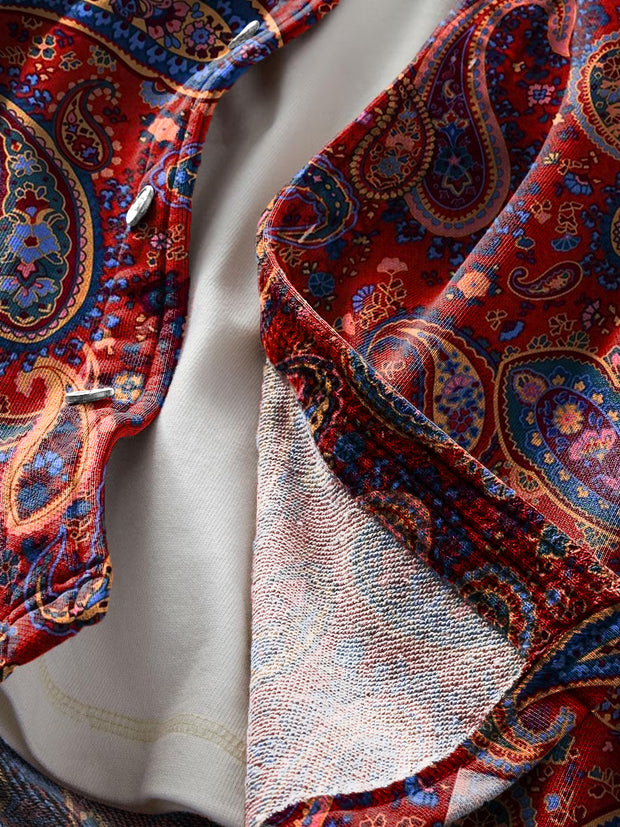 Men's Vintage Red Paisley Floral Art Print Soft Lapel Pocket Shirt