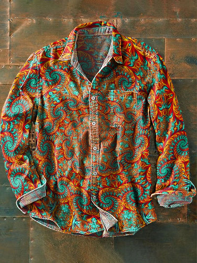 Men's Vintage Multicolor Irregular Swirl Art Print Lapel Long Sleeve Pocket Shirt