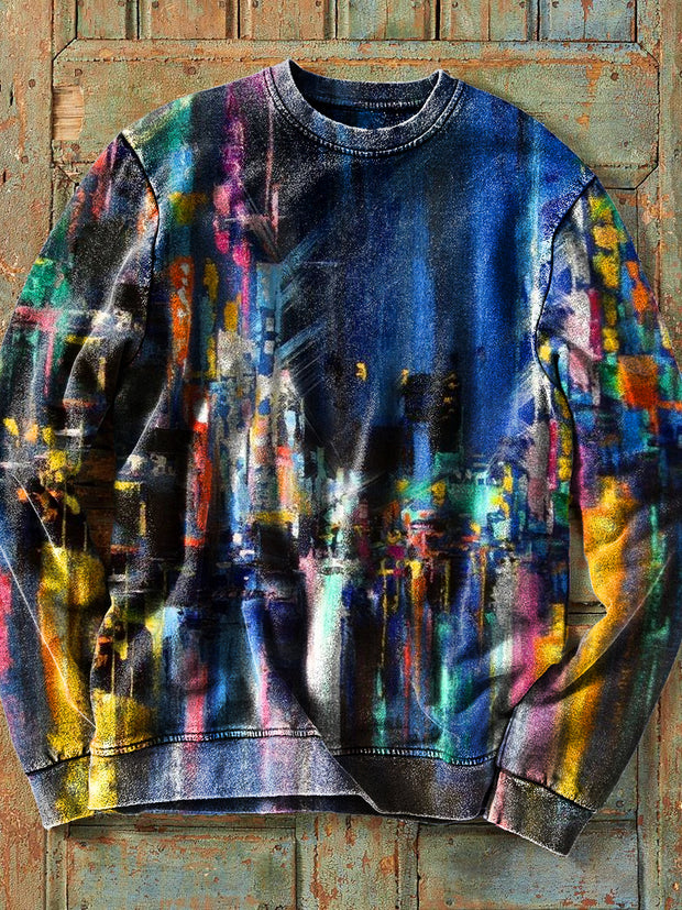 Men's Vintage Colorful City Nightscape Watercolor Art Print Cotton Crew Neck Sweatshirt