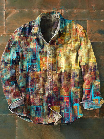 Mens Vintage Abstract Plaid Print Casual Long Sleeve Shirt