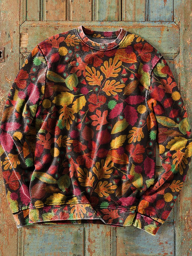 Men's Retro Abstract Colorful Leaf Art Print Cotton Crew Neck Sweatshirt