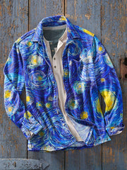 Men's Vintage Abstract Star Painted Art Print Soft Lapel Long Sleeve Pocket Shirt