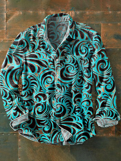 Men's Vintage Abstract Blue Floral Art Print Lapel Long Sleeve Pocket Shirt