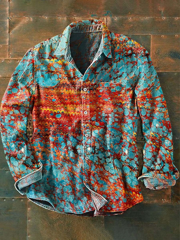 Men's Abstract Water Wave Print Casual Long Sleeve Shirt