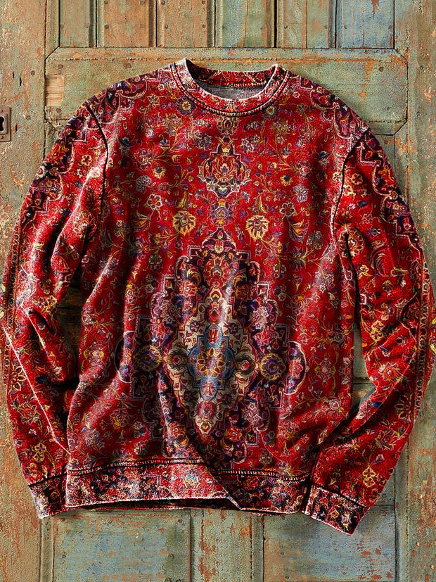 Men's Retro Ethnic Floral Art Print Cotton Crew Neck Sweatshirt