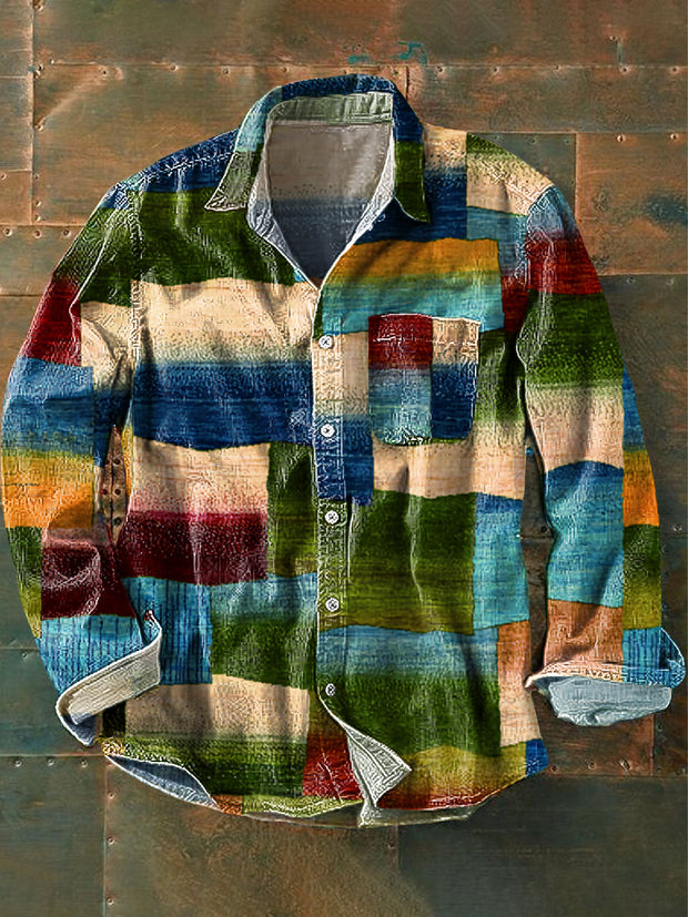 Men's Vintage Color Block Geometric Patchwork Art Print Lapel Long Sleeve Pocket Shirt