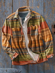 Men's Vintage Color Gradient Stripe Art Print Soft Lapel Long Sleeve Pocket Shirt