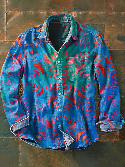 Mens Vintage Abstract Print Casual Long Sleeve Shirt