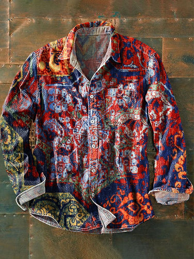 Men's Vintage Colorful Ethnic Geometric Art Print Lapel Long Sleeve Pocket Shirt