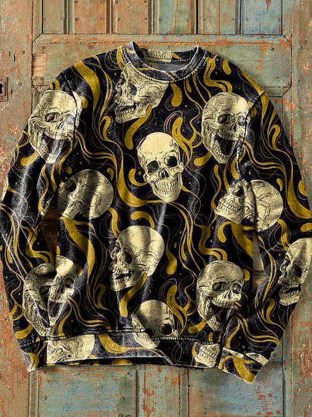 Men's Vintage Dark Skull Ripple Art Print Cotton Crew Neck Sweatshirt