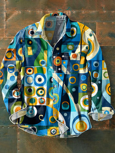 Men's Vintage Colorful Irregular Geometric Art Print Lapel Long Sleeve Pocket Shirt