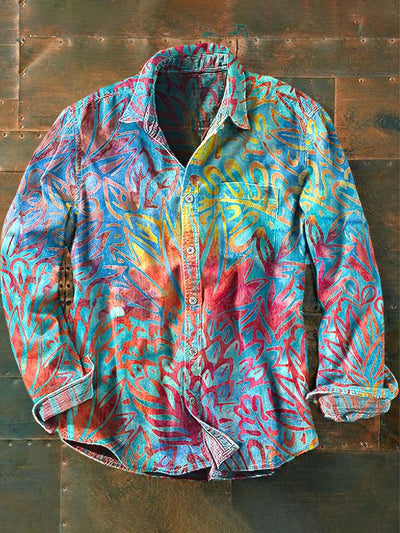 Mens Vintage Abstract Print Casual Long Sleeve Shirt