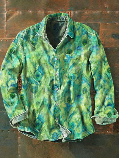 Mens Vintage Peacock Feather Print Casual Long Sleeve Shirt