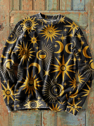 Men's Vintage Sun Moon Art Print Cotton Crew Neck Sweatshirt