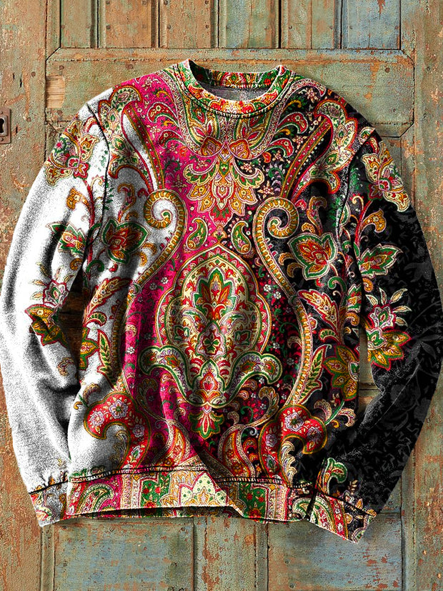 Men's Vintage Tribal Ethnic Symmetrical Floral Art Print Cotton Crew Neck Sweatshirt