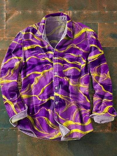 Men's Vintage Purple Abstract Line Art Print Lapel Long Sleeve Pocket Shirt