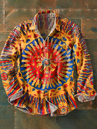 Men's Retro Ethnic Colorful Abstract Art Print Lapel Long Sleeve Pocket Shirt